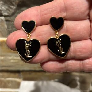 Black and Gold YSL Heart Drop Earrings